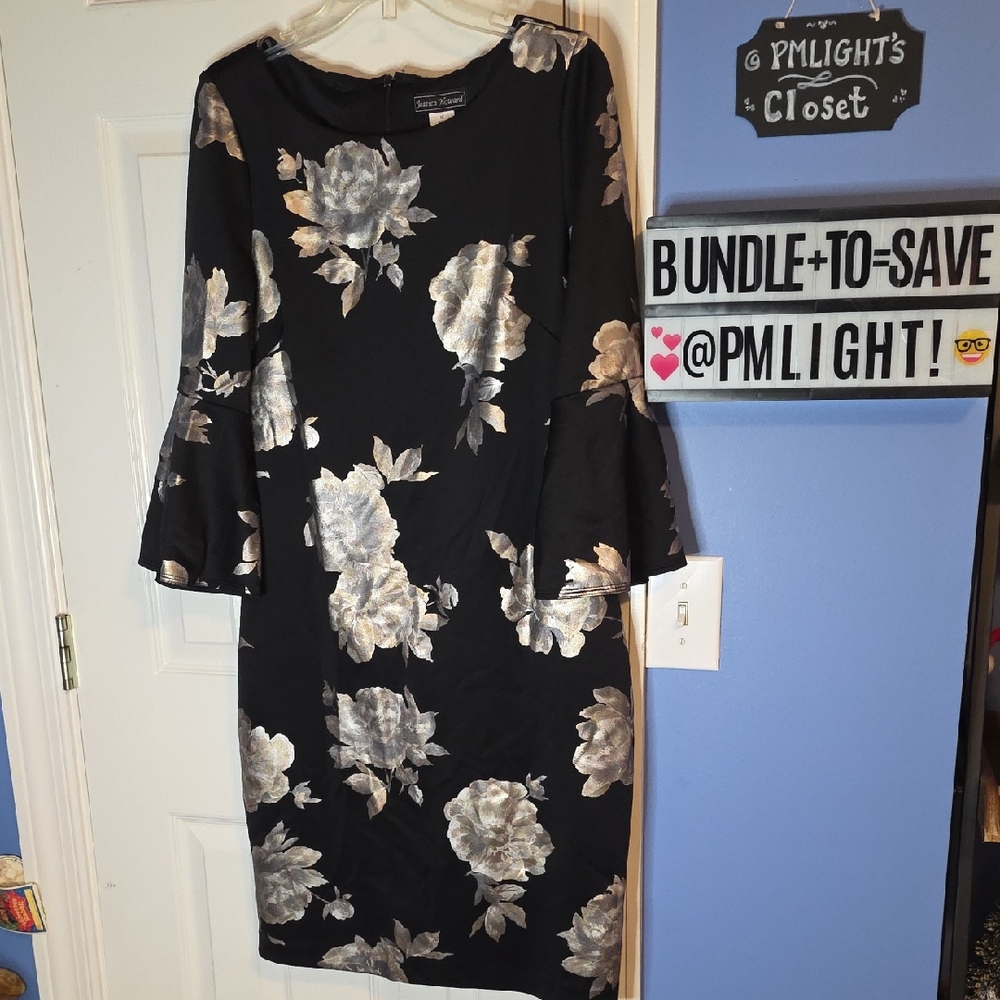 Jessica Howard Floral Dress 10 Black Silver Gold Long Sleeve